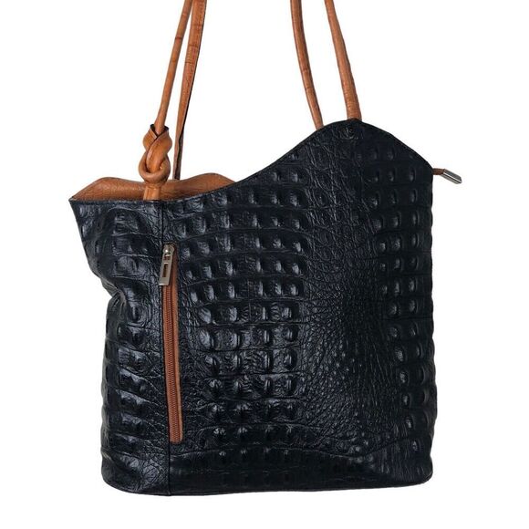 Moda In Pelle Purse Womens Black Ostrich Pattern Italian Leather Tote Backpack - Picture 2 of 16